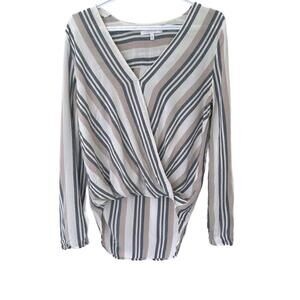 Max Cocos Front Wrap White-Beige-Blue Stripes Long Sleeve Blouse - Small